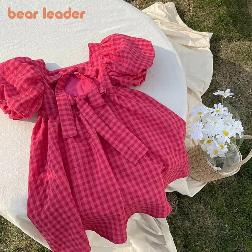 فستان Bear Leader باللون الوردي الوردي منقوش بفيونكة أنيق لوليتا للأطفال البنات