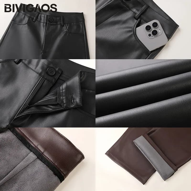 BIVIGAOS خريف شتاء الصوف فضفاض واسعة الساق السراويل الجلدية الدافئة النساء زر
