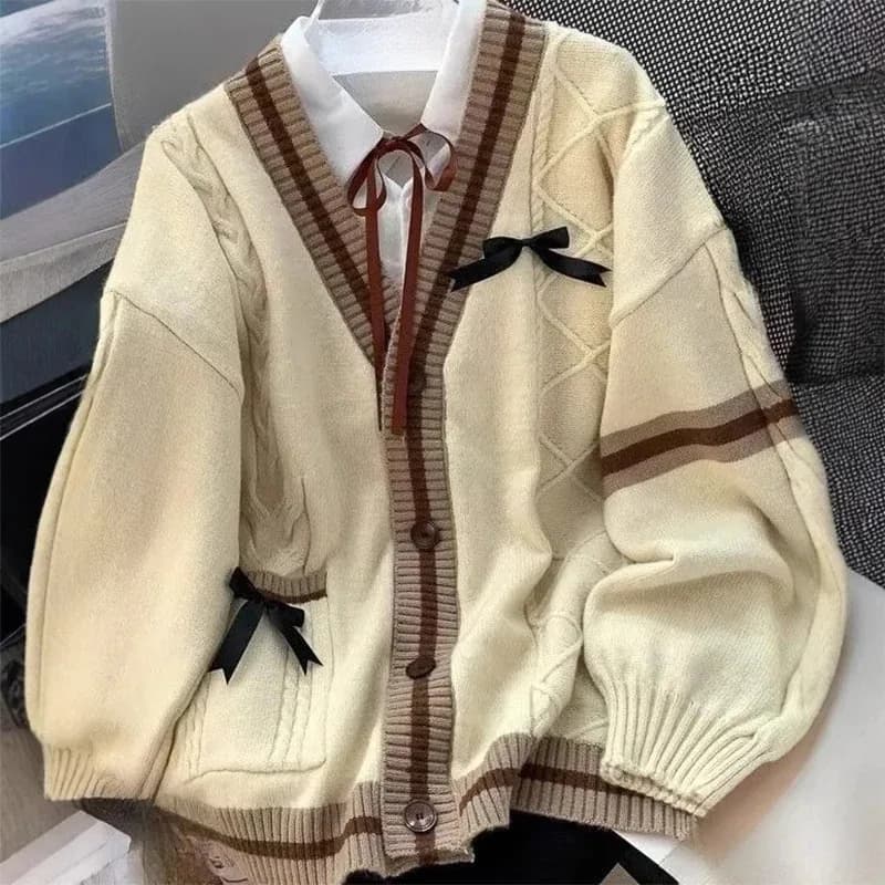 سترة نسائية غير رسمية بفيونكة حلوة للخريف والشتاء معاطف محبوكة على طراز بريبي