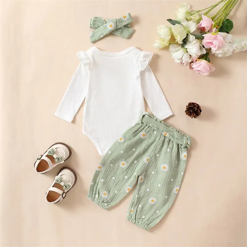 Citgeett Spring Infant Baby Girls Pants Sets White Long Sleeve Ruffle Romper Daisy Print
