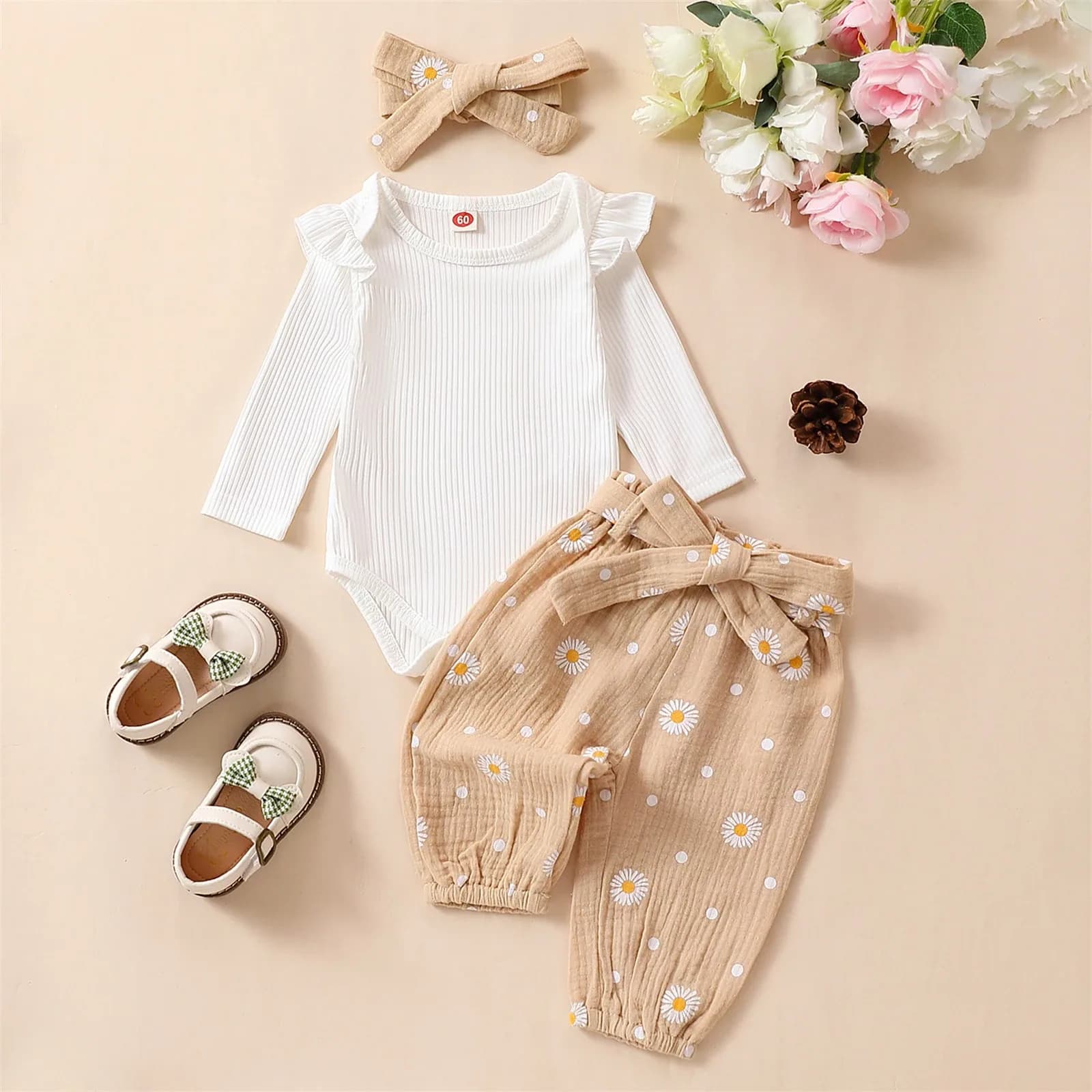 Citgeett Spring Infant Baby Girls Pants Sets White Long Sleeve Ruffle Romper Daisy Print