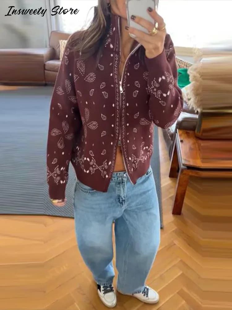 كارديجان نسائي عصري محبوك ومطبوع بياقة قائمة وأكمام طويلة بسحابات بتصميم عتيق