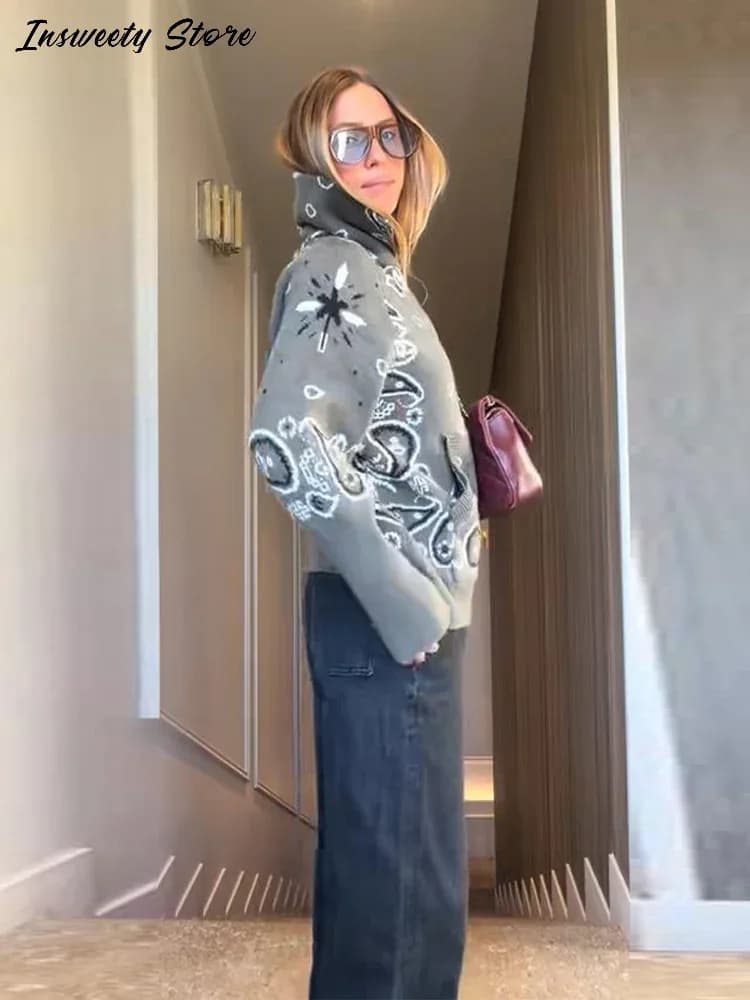 كارديجان نسائي عصري محبوك ومطبوع بياقة قائمة وأكمام طويلة بسحابات بتصميم عتيق