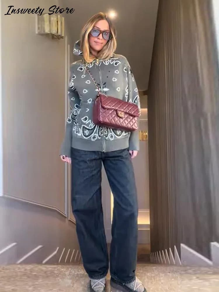 كارديجان نسائي عصري محبوك ومطبوع بياقة قائمة وأكمام طويلة بسحابات بتصميم عتيق