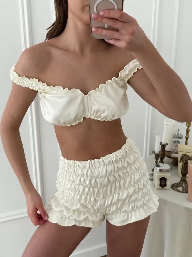 بيجامة نسائية مثيرة من الساتان من هيليوك، طقم من قطعتين يتكون من توب قصير وشورت