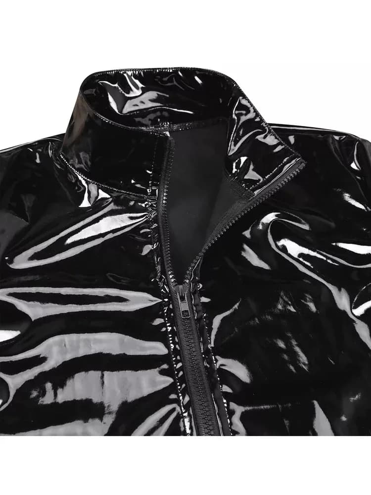 Long Sleeve Wet Look PVC Mens Jackets Coats Shiny PU Leather Tops Tights Sexy Clubwear