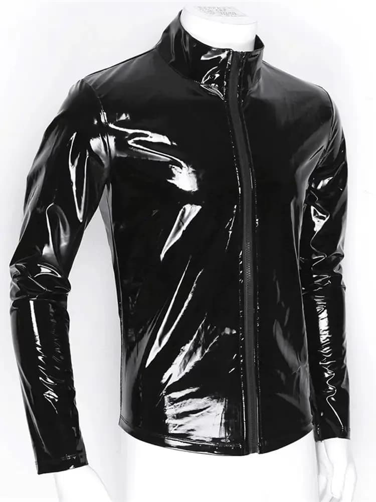 Long Sleeve Wet Look PVC Mens Jackets Coats Shiny PU Leather Tops Tights Sexy Clubwear
