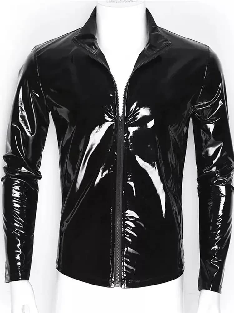Long Sleeve Wet Look PVC Mens Jackets Coats Shiny PU Leather Tops Tights Sexy Clubwear