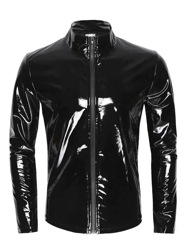 Long Sleeve Wet Look PVC Mens Jackets Coats Shiny PU Leather Tops Tights Sexy Clubwear
