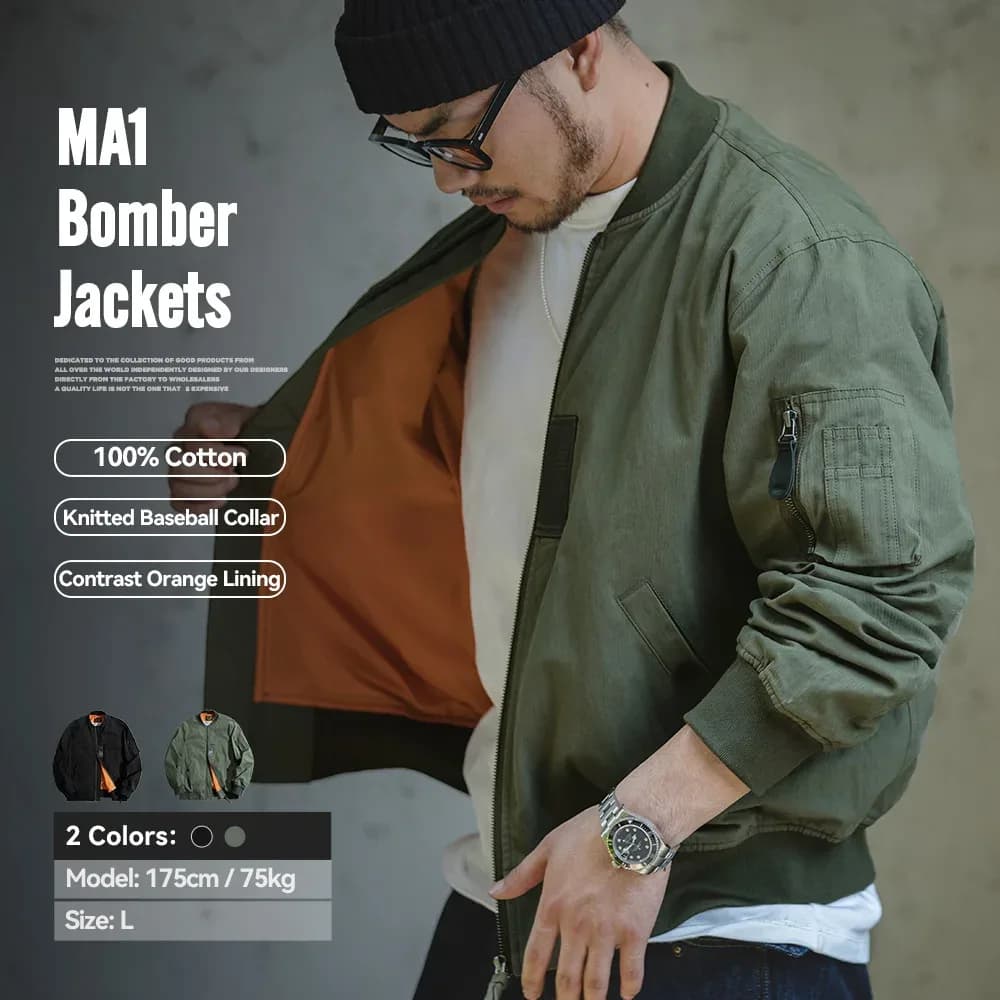 سترات Maden Retro MA1 Bomber Flight سترة خضراء مقاومة للرياح معطف بيسبول غير