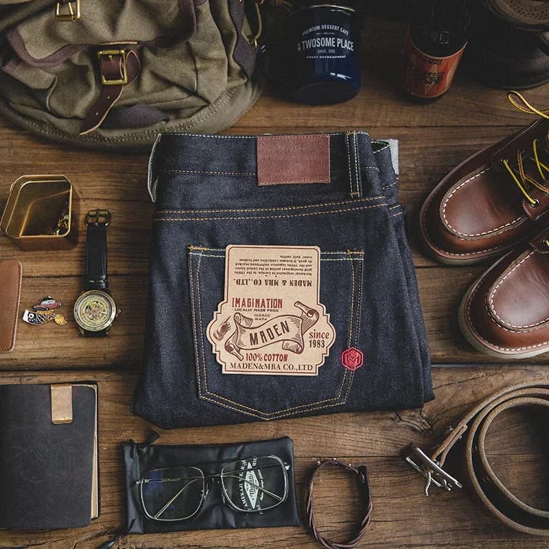 جينز Maden Vintage 14.5oz Selvedge من قماش الدنيم الخام مع سحاب YKK مطرز