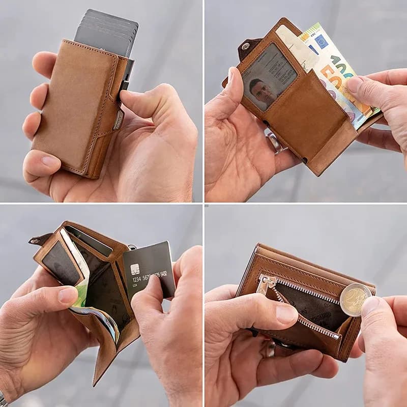 حافظة بطاقات الائتمان المنبثقة مع محفظة من الجلد الطبيعي لحماية RFID مع حجرة