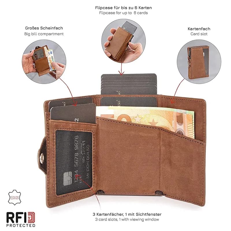 حافظة بطاقات الائتمان المنبثقة مع محفظة من الجلد الطبيعي لحماية RFID مع حجرة
