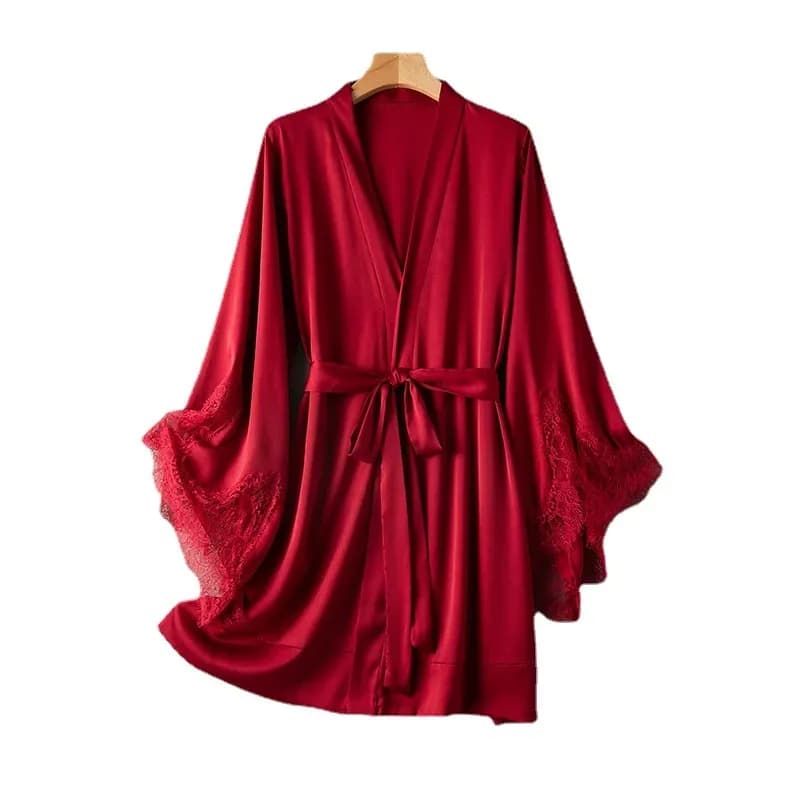 رداء مثير مع الدانتيل الساتان المرأة ثوب النوم كيمونو Bathrobe ثوب النوم الوردي