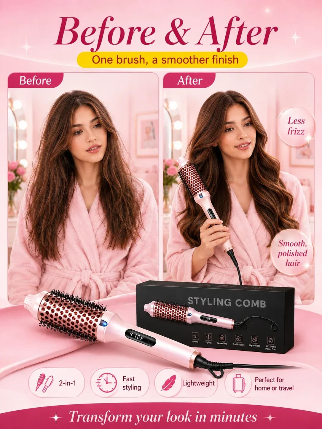 Thermal Brush 1.5 in Heated Curling Brush Ceramic Curling Comb Volumizing Brush Curling