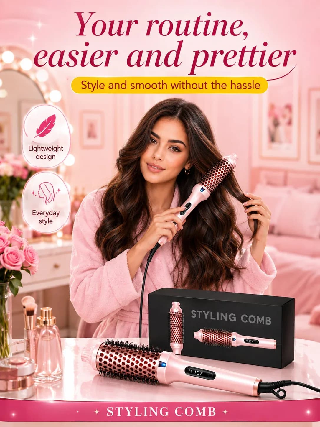Thermal Brush 1.5 in Heated Curling Brush Ceramic Curling Comb Volumizing Brush Curling