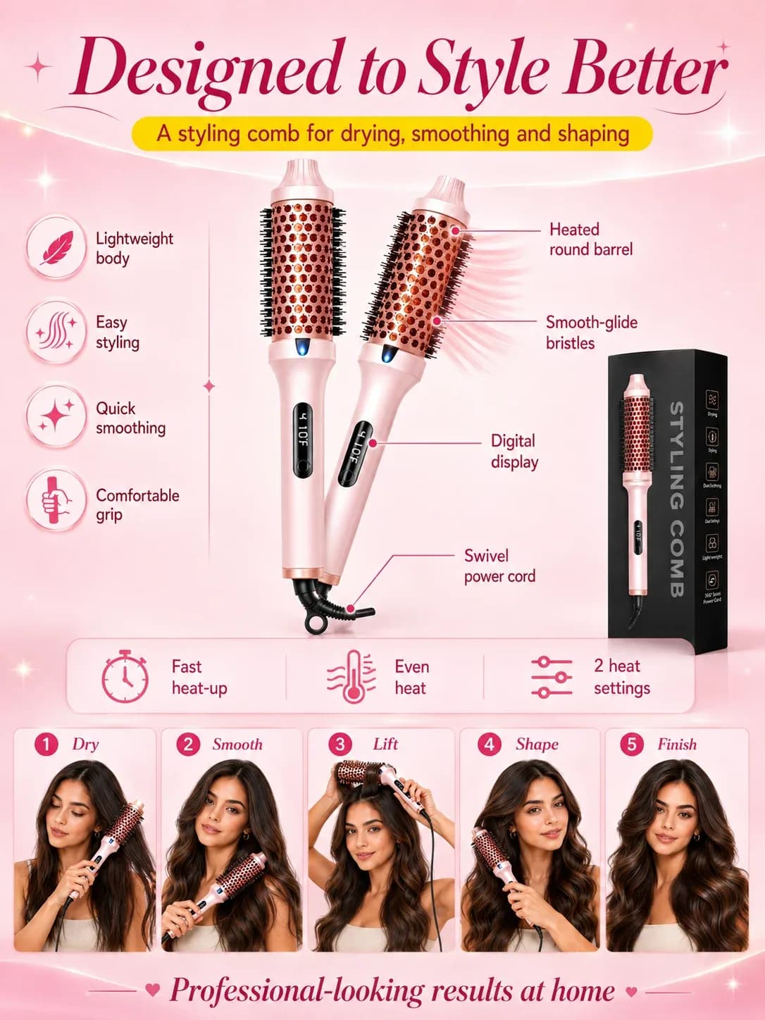 Thermal Brush 1.5 in Heated Curling Brush Ceramic Curling Comb Volumizing Brush Curling