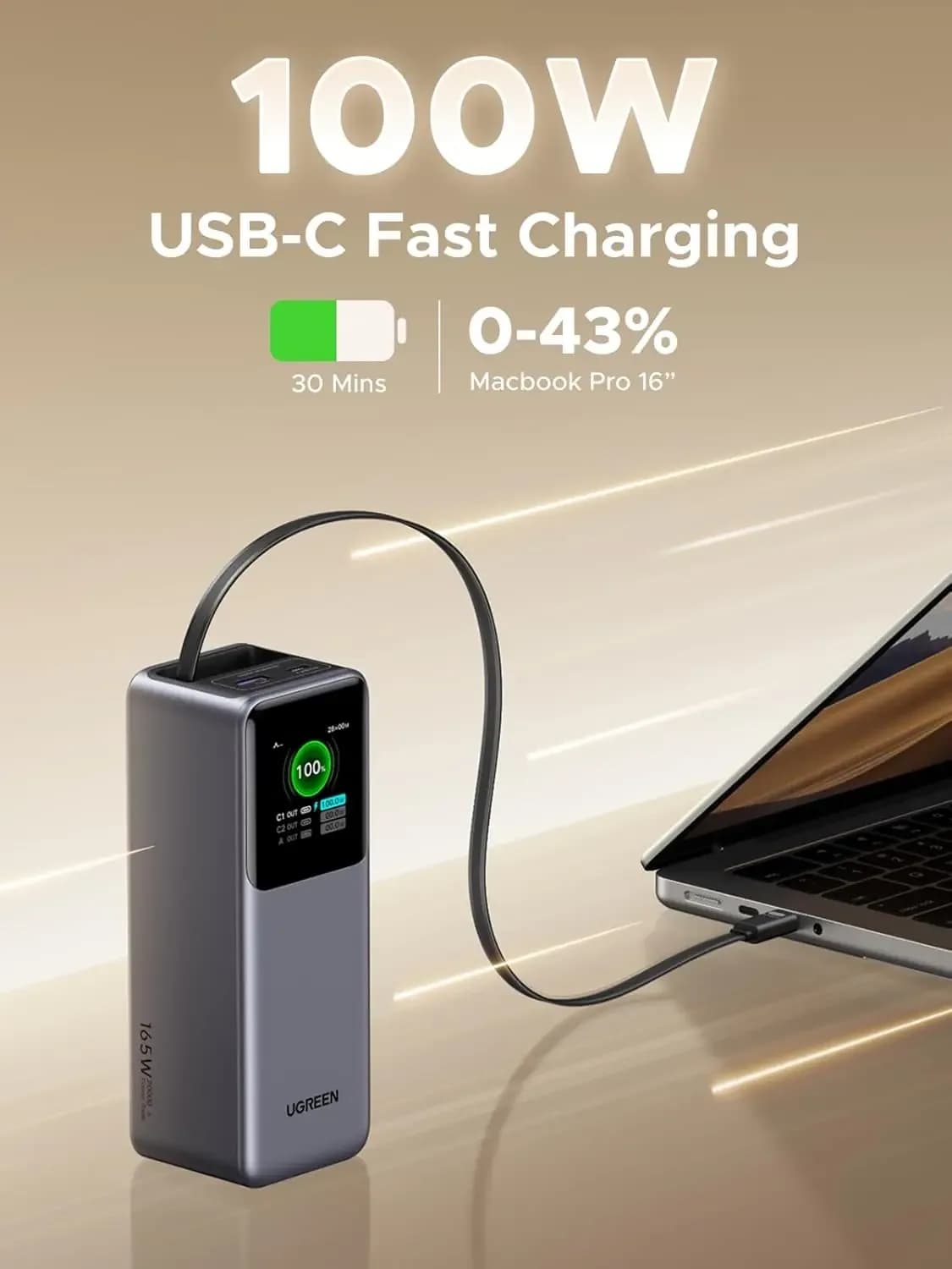 بنك طاقة UGREEN Nexode بسعة 20000 مللي أمبير وقوة 165 واط مع كابل USB-C مدمج