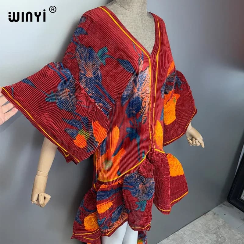 فستان كافتان ماكسي بوهو من WINYI بأسلوب الشرق الأوسط، أنيق ومطوي، مناسب للشاطئ