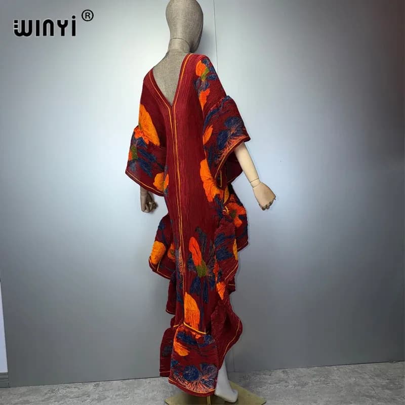فستان كافتان ماكسي بوهو من WINYI بأسلوب الشرق الأوسط، أنيق ومطوي، مناسب للشاطئ