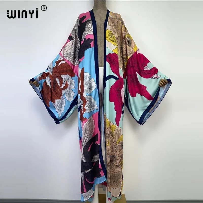 كيمونو WINYI للنساء بتصميم مطبوع وحافة منتفخة، معطف بأكمام طويلة، عباية دبي
