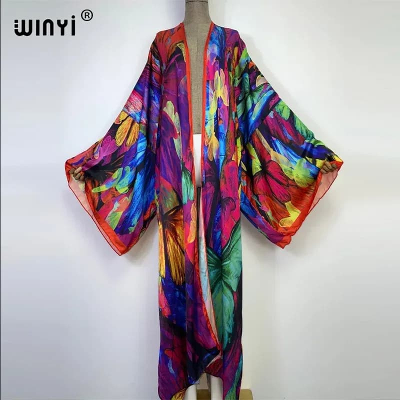 كيمونو WINYI للنساء بتصميم مطبوع وحافة منتفخة، معطف بأكمام طويلة، عباية دبي