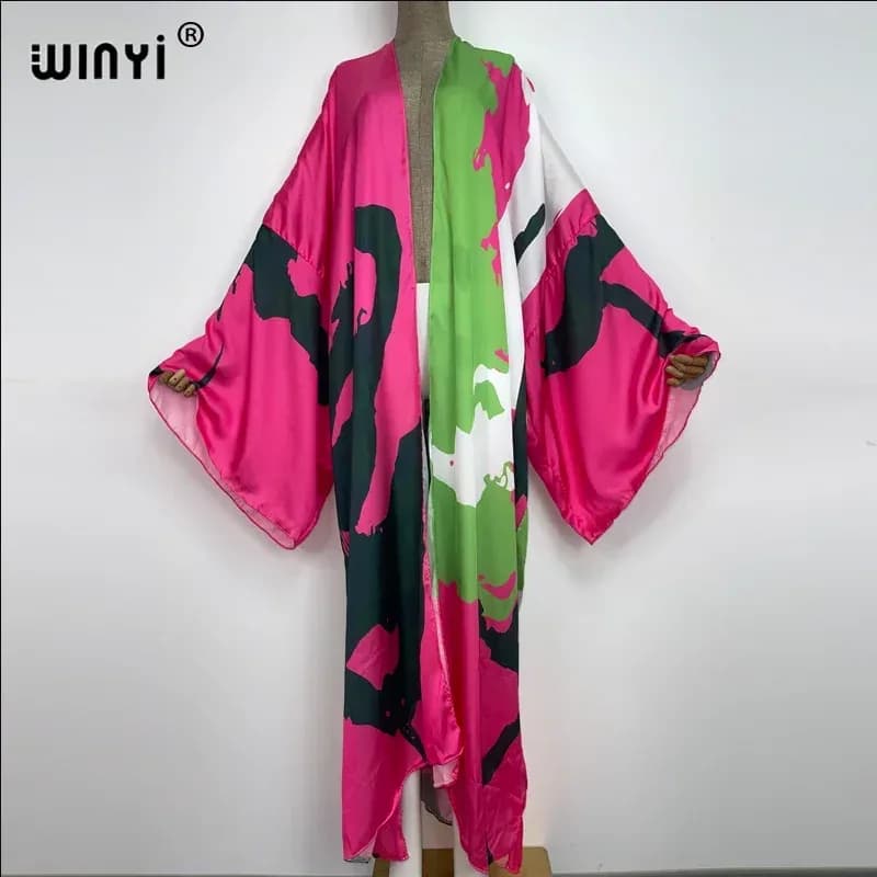 كيمونو WINYI للنساء بتصميم مطبوع وحافة منتفخة، معطف بأكمام طويلة، عباية دبي