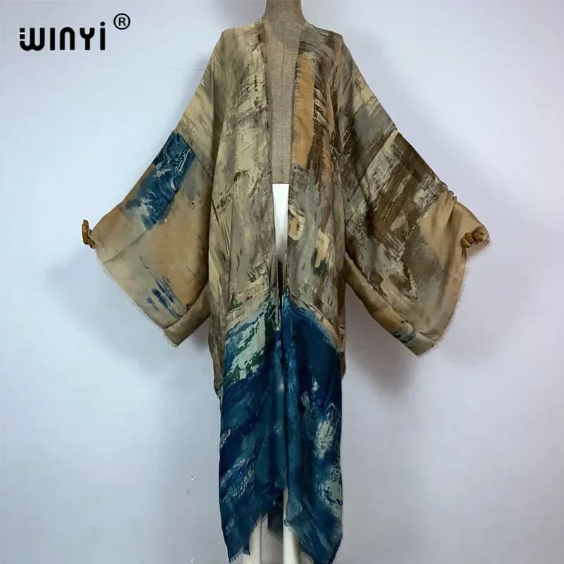 عباءة نسائية أنيقة من WINYI بتصميم كيمونو مطبوع وأكمام طويلة، فستان بوهيمي فاخر