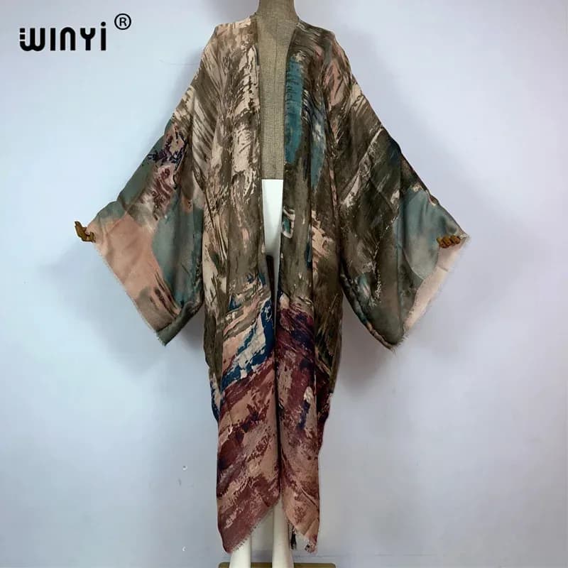 عباءة نسائية أنيقة من WINYI بتصميم كيمونو مطبوع وأكمام طويلة، فستان بوهيمي فاخر