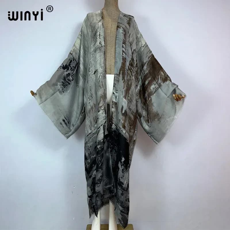 عباءة نسائية أنيقة من WINYI بتصميم كيمونو مطبوع وأكمام طويلة، فستان بوهيمي فاخر