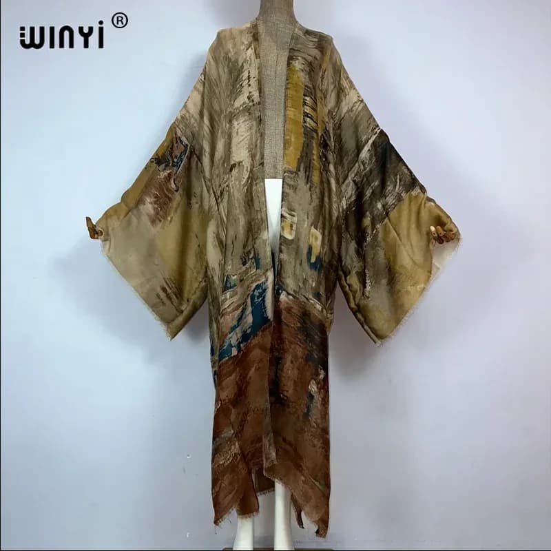 عباءة نسائية أنيقة من WINYI بتصميم كيمونو مطبوع وأكمام طويلة، فستان بوهيمي فاخر