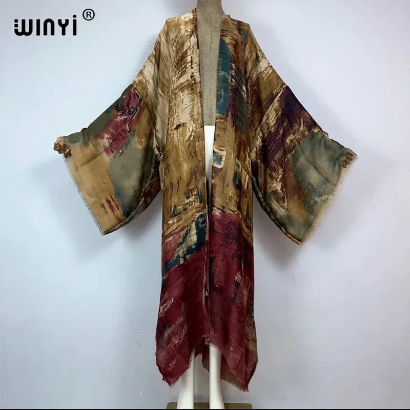 عباءة نسائية أنيقة من WINYI بتصميم كيمونو مطبوع وأكمام طويلة، فستان بوهيمي فاخر
