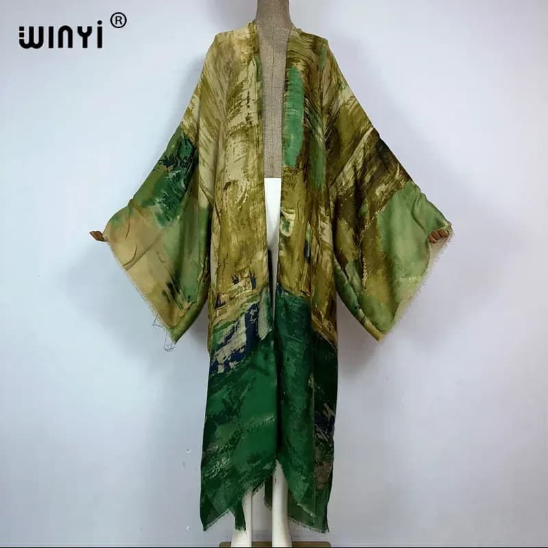 عباءة نسائية أنيقة من WINYI بتصميم كيمونو مطبوع وأكمام طويلة، فستان بوهيمي فاخر