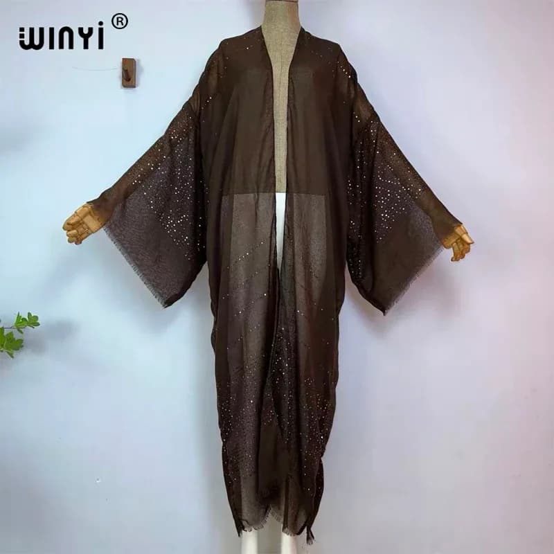 ويني - فستان كيمونو بأكمام طويلة للنساء بتصميم أحادي اللون، مناسب للشاطئ، عباية