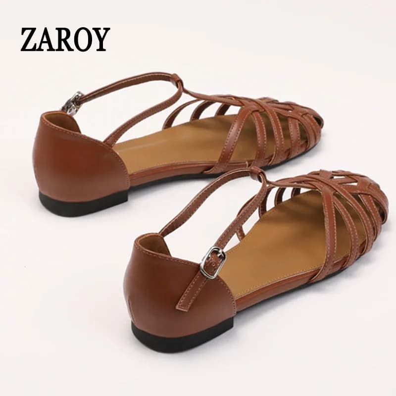 ZAROY الصيف عبر حزام صندل مسطح المرأة جولة تو الكاحل مشبك جوفاء عادية الرومانية