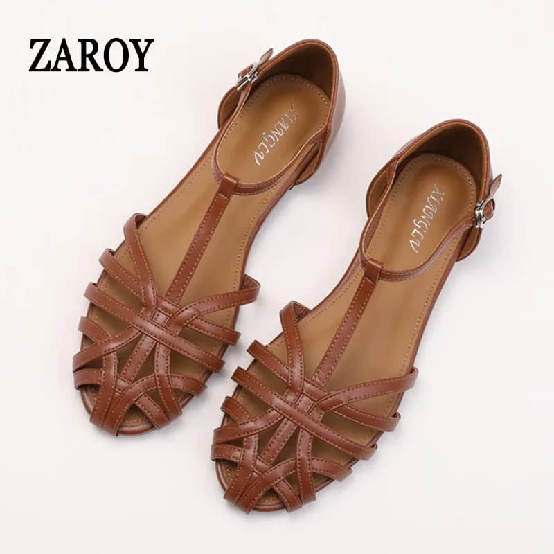 ZAROY الصيف عبر حزام صندل مسطح المرأة جولة تو الكاحل مشبك جوفاء عادية الرومانية