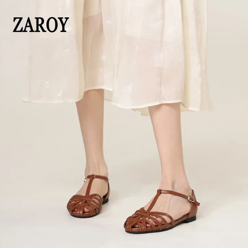 ZAROY صنادل نسائية صيفية أحذية غير رسمية على شكل حرف T صنادل مسطحة بحزام متقاطع