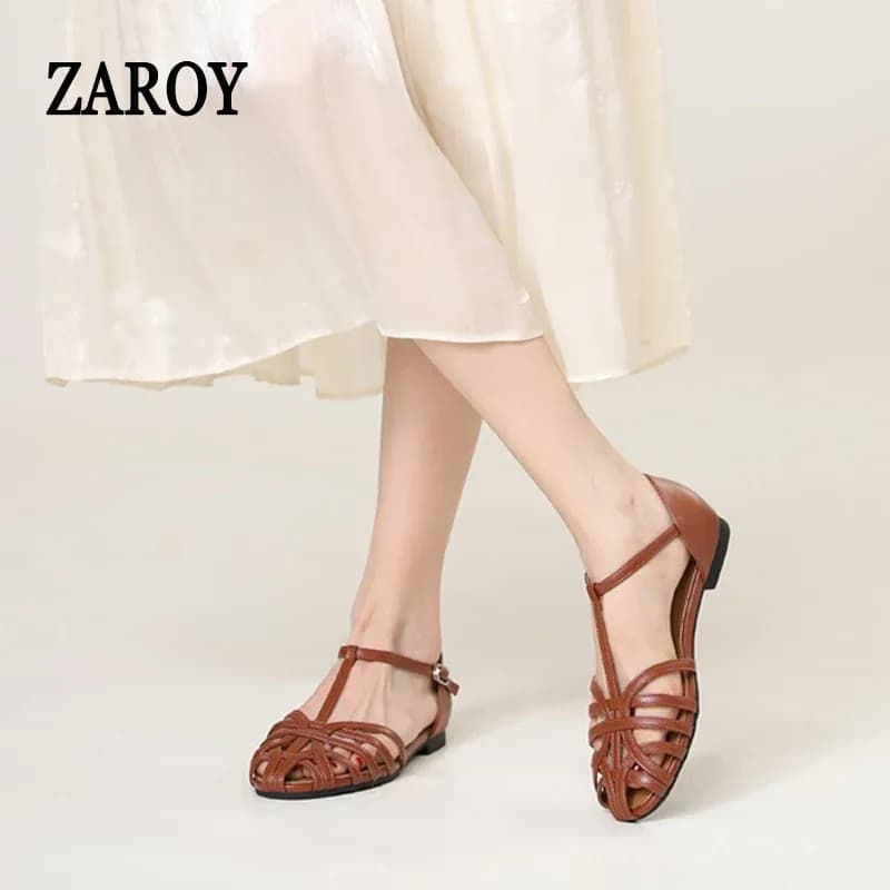 ZAROY صنادل نسائية صيفية أحذية غير رسمية على شكل حرف T صنادل مسطحة بحزام متقاطع