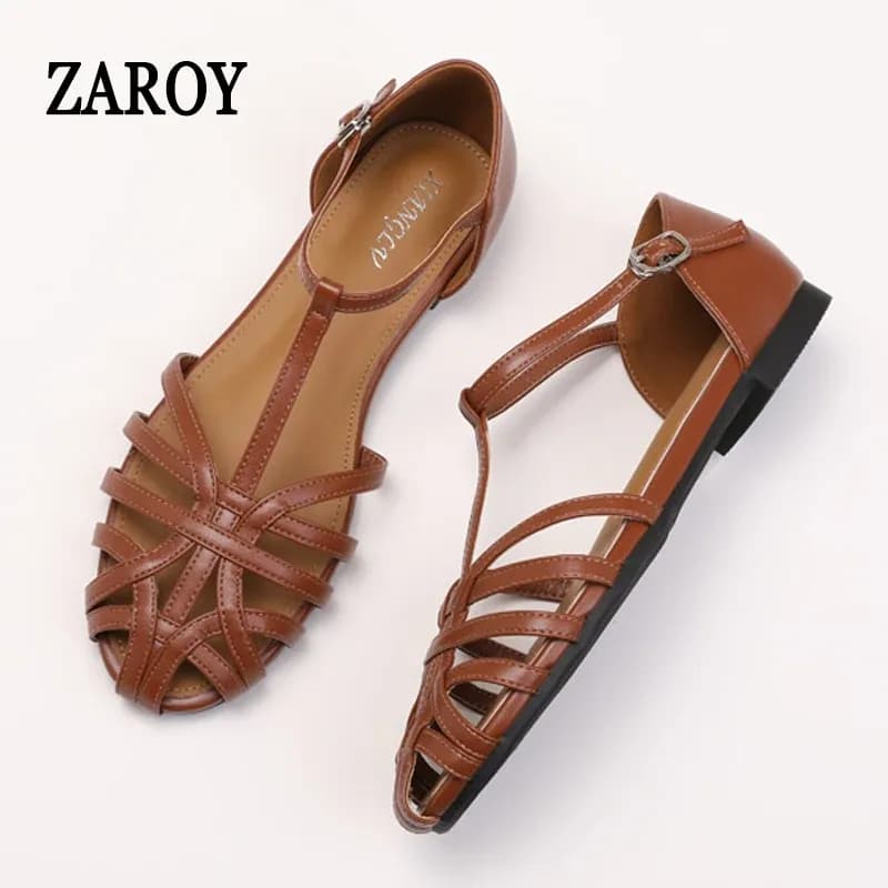 ZAROY صنادل نسائية صيفية أحذية غير رسمية على شكل حرف T صنادل مسطحة بحزام متقاطع