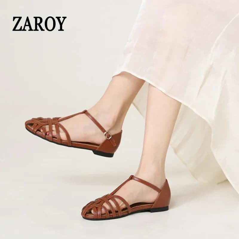 ZAROY صنادل نسائية صيفية أحذية غير رسمية على شكل حرف T صنادل مسطحة بحزام متقاطع