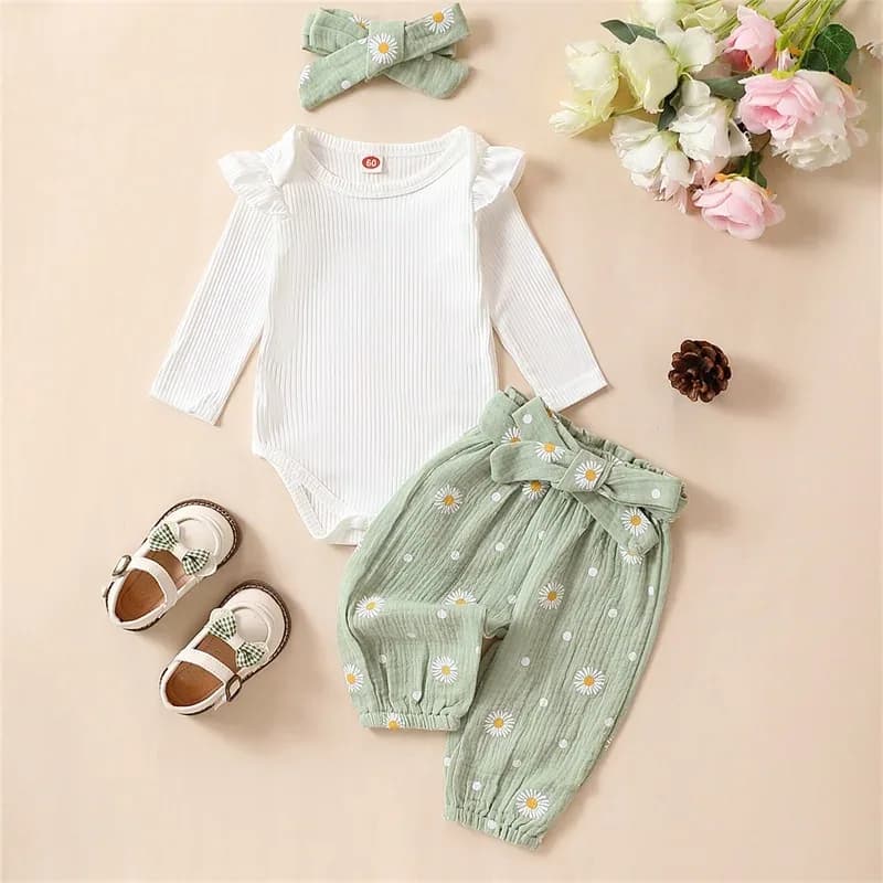 Citgeett Spring Infant Baby Girls Pants Sets White Long Sleeve Ruffle Romper Daisy Print