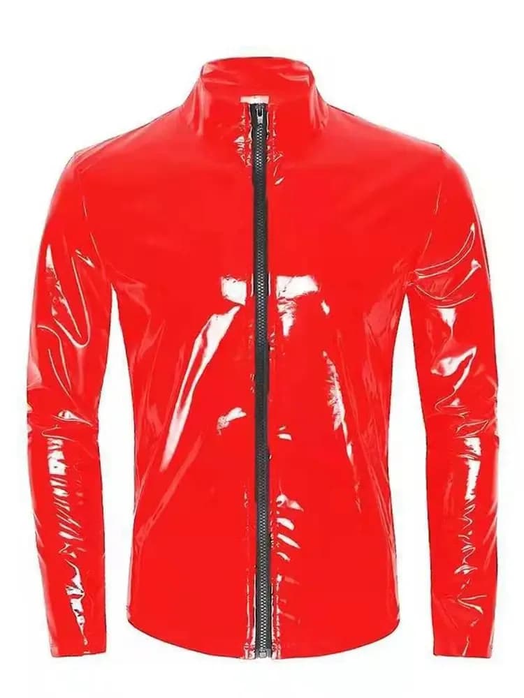Long Sleeve Wet Look PVC Mens Jackets Coats Shiny PU Leather Tops Tights Sexy Clubwear