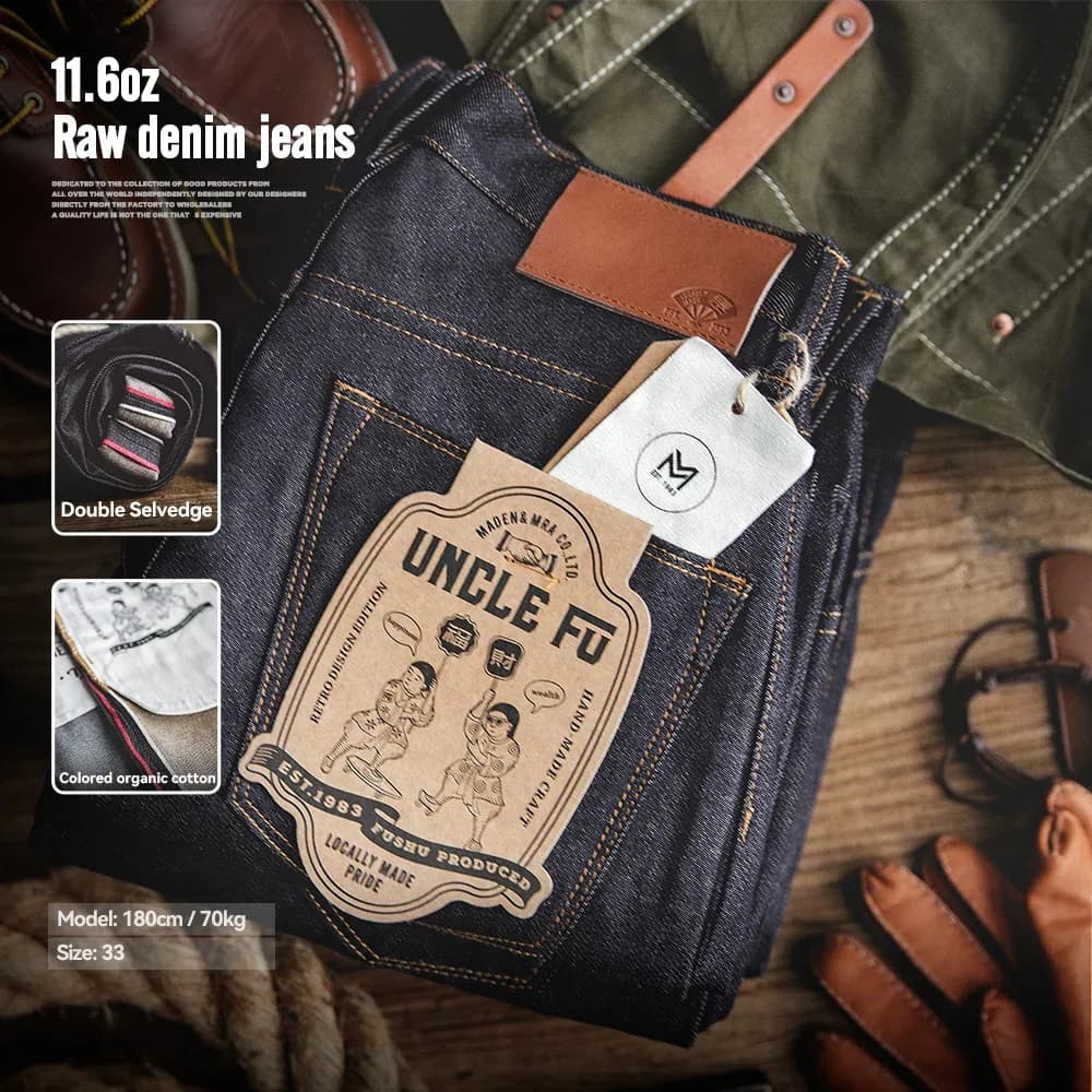 Maden Retro 11.6oz Selvedge جينز من قماش الدنيم الخام مدبب عادي مناسب جينز قطني