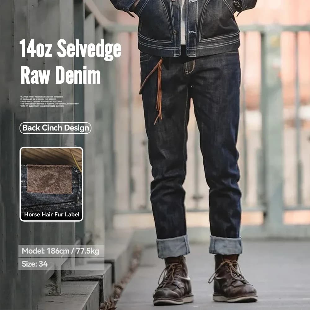 Maden خمر 14oz Selvedge الخام الدينيم الجينز شعر الخيل الجلود التصحيح مستقيم