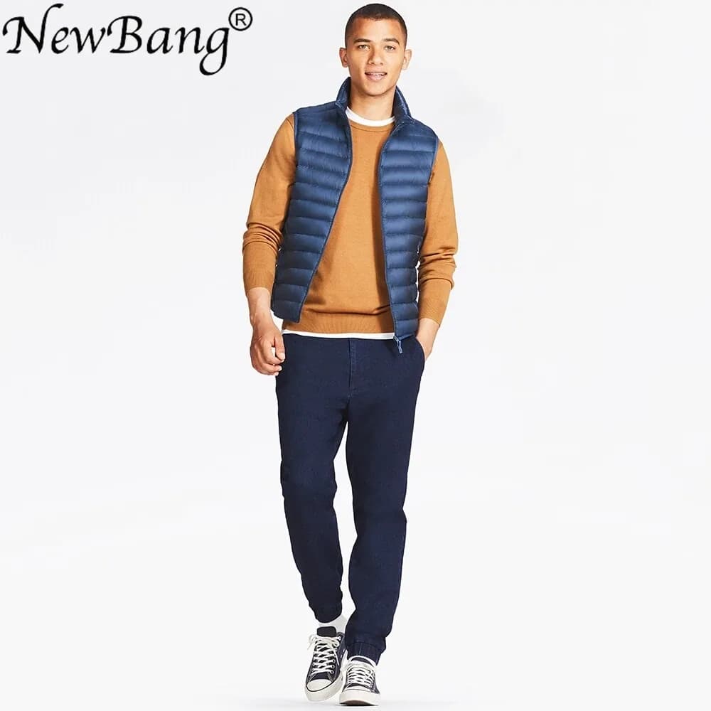 NewBang الرجال أكمام سترة دافئة خفيفة جدا أسفل سترة رجل الشتاء الصلبة جاكيت بلا