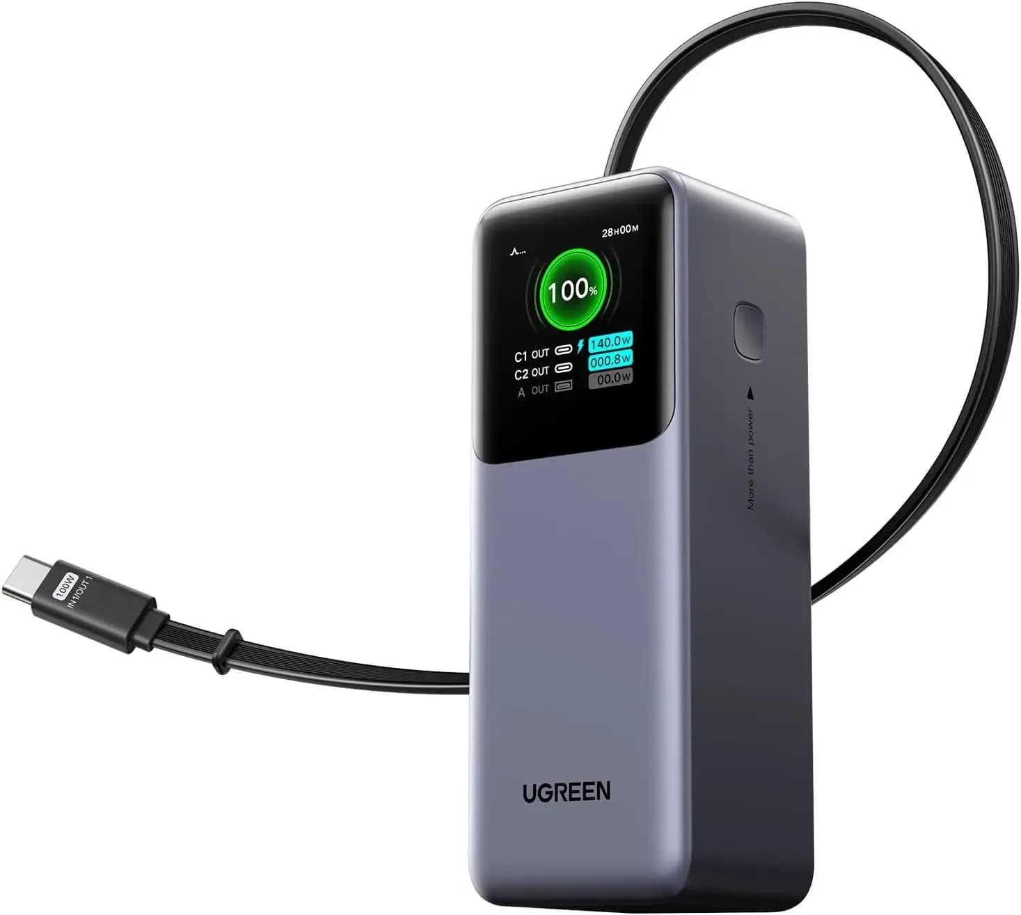 بنك طاقة UGREEN Nexode بسعة 20000 مللي أمبير وقوة 165 واط مع كابل USB-C مدمج