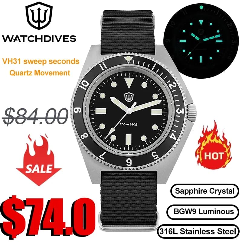 Watchdives WD1972 ساعة كوارتز VH31 سويب ثانية حركة الياقوت كريستال BGW9 مضيئة
