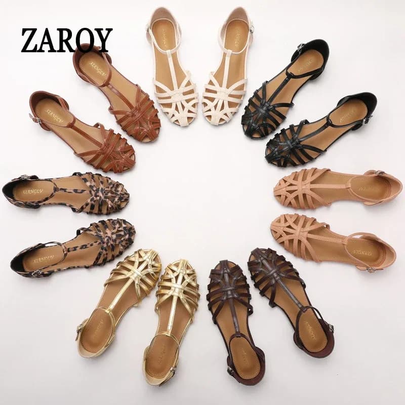 ZAROY صنادل نسائية صيفية أحذية غير رسمية على شكل حرف T صنادل مسطحة بحزام متقاطع